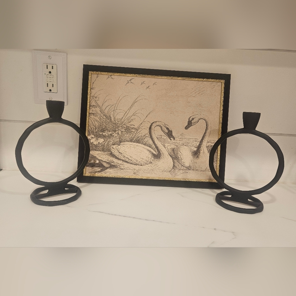 Elegant Swan Art Print with Black Frame And GOLD DETAIL WITH 2 CANDLE STICKS